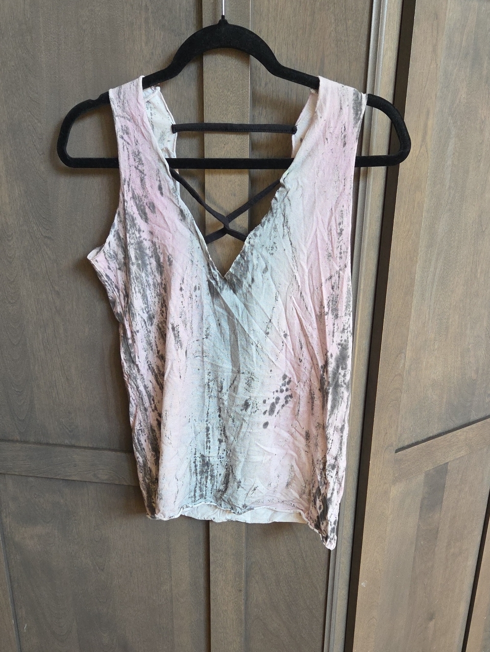 Affliction Pink Crisscross-Back V-Neck Tank with Washed Print